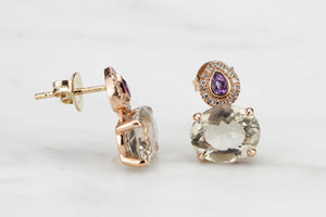 MODERN SMOKY QUARTZ, AMETHYST & DIAMOND EARRINGS ON 9ct ROSE GOLD