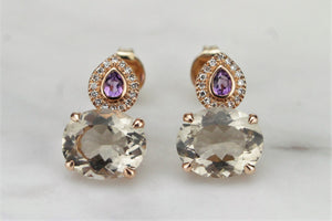 MODERN SMOKY QUARTZ, AMETHYST & DIAMOND EARRINGS ON 9ct ROSE GOLD