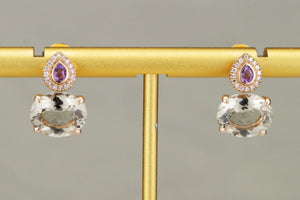 MODERN SMOKY QUARTZ, AMETHYST & DIAMOND EARRINGS ON 9ct ROSE GOLD