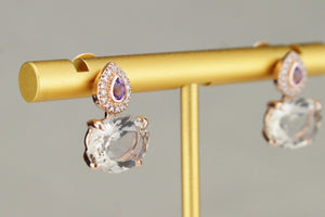 MODERN SMOKY QUARTZ, AMETHYST & DIAMOND EARRINGS ON 9ct ROSE GOLD