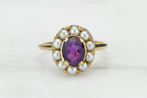 VINTAGE ESTATE AMETHYST & SEED PEARL CLUSTER RING ON 18ct YELLOW GOLD