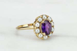 VINTAGE ESTATE AMETHYST & SEED PEARL CLUSTER RING ON 18ct YELLOW GOLD