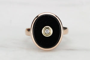 RETRO ESTATE ONYX & DIAMOND RING ON 9ct ROSE GOLD