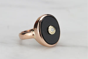 RETRO ESTATE ONYX & DIAMOND RING ON 9ct ROSE GOLD