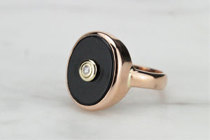 RETRO ESTATE ONYX & DIAMOND RING ON 9ct ROSE GOLD