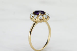 VINTAGE ESTATE AMETHYST & SEED PEARL CLUSTER RING ON 18ct YELLOW GOLD