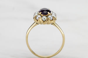 VINTAGE ESTATE AMETHYST & SEED PEARL CLUSTER RING ON 18ct YELLOW GOLD