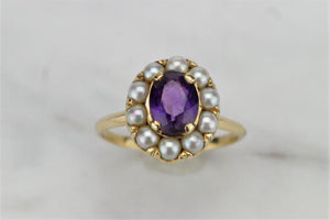 VINTAGE ESTATE AMETHYST & SEED PEARL CLUSTER RING ON 18ct YELLOW GOLD