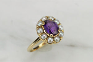 VINTAGE ESTATE AMETHYST & SEED PEARL CLUSTER RING ON 18ct YELLOW GOLD