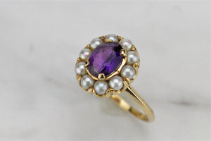 VINTAGE ESTATE AMETHYST & SEED PEARL CLUSTER RING ON 18ct YELLOW GOLD