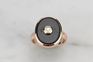 RETRO ESTATE ONYX & DIAMOND RING ON 9ct ROSE GOLD