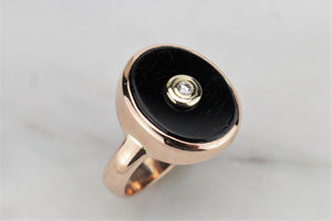 RETRO ESTATE ONYX & DIAMOND RING ON 9ct ROSE GOLD