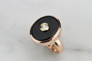 RETRO ESTATE ONYX & DIAMOND RING ON 9ct ROSE GOLD