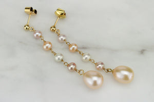 VINTAGE ESTATE CULTURED FRESHWATER PEARL DROP EARRINGS ON 14ct YELLOW GOLD