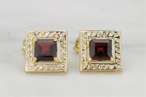 VINTAGE ESTATE GARNET & DIAMOND EARRINGS ON 18ct YELLOW GOLD