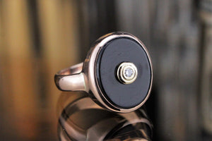 RETRO ESTATE ONYX & DIAMOND RING ON 9ct ROSE GOLD