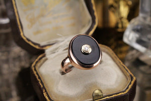 RETRO ESTATE ONYX & DIAMOND RING ON 9ct ROSE GOLD