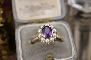 VINTAGE ESTATE AMETHYST & SEED PEARL CLUSTER RING ON 18ct YELLOW GOLD