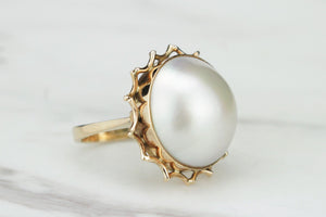 VINTAGE MID CENTURY c1960 MABE PEARL RING ON 14ct YELLOW GOLD