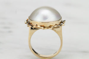 VINTAGE MID CENTURY c1960 MABE PEARL RING ON 14ct YELLOW GOLD