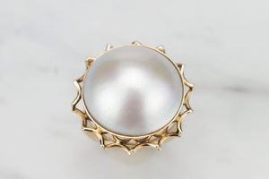 VINTAGE MID CENTURY c1960 MABE PEARL RING ON 14ct YELLOW GOLD