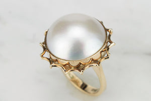 VINTAGE MID CENTURY c1960 MABE PEARL RING ON 14ct YELLOW GOLD