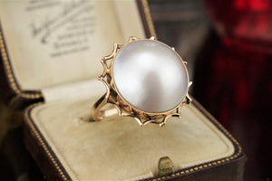 VINTAGE MID CENTURY c1960 MABE PEARL RING ON 14ct YELLOW GOLD