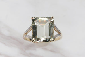 MODERN PRASIOLITE & DIAMOND COCKTAIL RING ON 9ct YELLOW GOLD