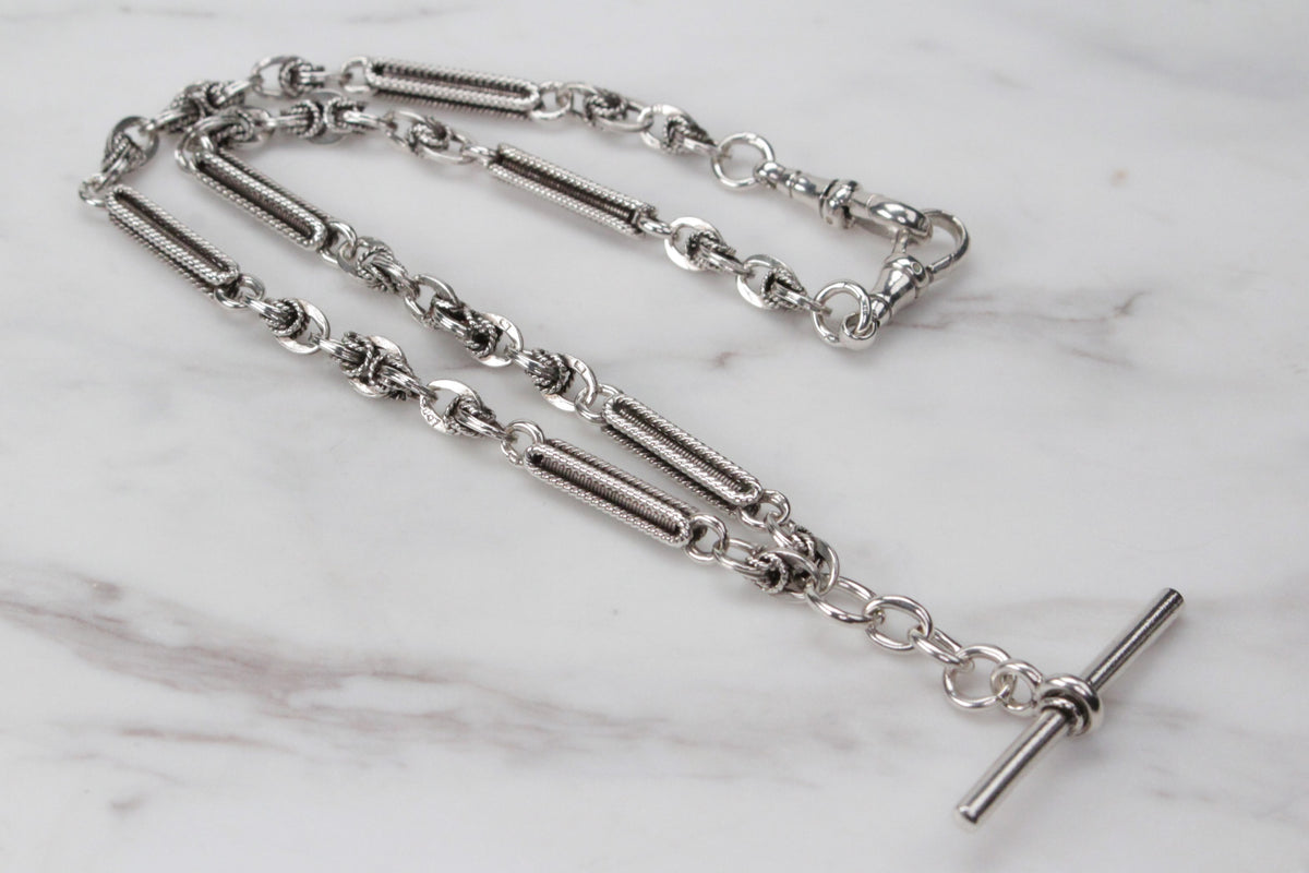 ORIGINAL ANTIQUE EDWARDIAN c1912 ALBERT FOB FANCY LINK CHAIN ON STERLING SILVER