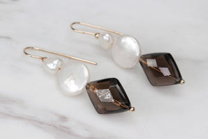 RETRO ESTATE SMOKY QUARTZ & PEARL EARRINGS ON 9ct YELLOW GOLD