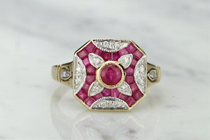 MODERN ART DECO STYLE RUBY & DIAMOND RING ON 9ct YELLOW GOLD