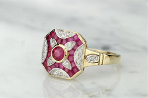 MODERN ART DECO STYLE RUBY & DIAMOND RING ON 9ct YELLOW GOLD