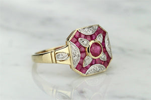 MODERN ART DECO STYLE RUBY & DIAMOND RING ON 9ct YELLOW GOLD