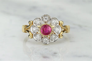 MODERN GEORGIAN STYLE RUBY AND DIAMOND CLUSTER RING ON 9ct YELLOW GOLD