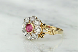 MODERN GEORGIAN STYLE RUBY AND DIAMOND CLUSTER RING ON 9ct YELLOW GOLD