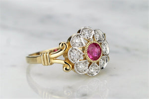 MODERN GEORGIAN STYLE RUBY AND DIAMOND CLUSTER RING ON 9ct YELLOW GOLD