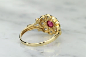 MODERN GEORGIAN STYLE RUBY AND DIAMOND CLUSTER RING ON 9ct YELLOW GOLD