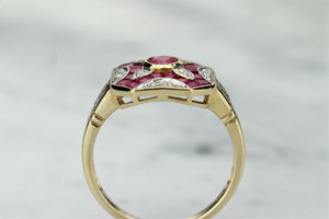 MODERN ART DECO STYLE RUBY & DIAMOND RING ON 9ct YELLOW GOLD