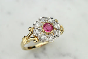 MODERN GEORGIAN STYLE RUBY AND DIAMOND CLUSTER RING ON 9ct YELLOW GOLD