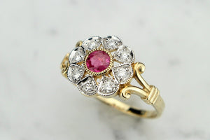 MODERN GEORGIAN STYLE RUBY AND DIAMOND CLUSTER RING ON 9ct YELLOW GOLD