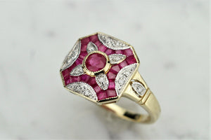 MODERN ART DECO STYLE RUBY & DIAMOND RING ON 9ct YELLOW GOLD