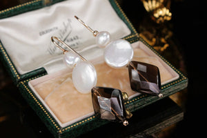 RETRO ESTATE SMOKY QUARTZ & PEARL EARRINGS ON 9ct YELLOW GOLD