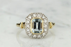 MODERN ART DECO STYLE 1.2ct AQUAMARINE & DIAMOND RING ON 9ct YELLOW GOLD