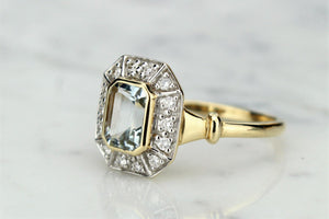 MODERN ART DECO STYLE 1.2ct AQUAMARINE & DIAMOND RING ON 9ct YELLOW GOLD