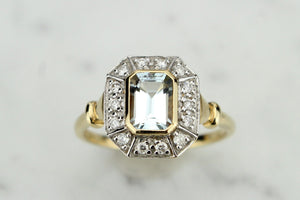 MODERN ART DECO STYLE 1.2ct AQUAMARINE & DIAMOND RING ON 9ct YELLOW GOLD