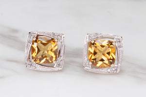 MODERN CITRINE & DIAMOND STUD EARRINGS ON 9ct YELLOW & WHITE GOLD