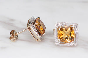 MODERN CITRINE & DIAMOND STUD EARRINGS ON 9ct YELLOW & WHITE GOLD