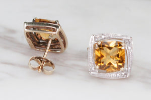 MODERN CITRINE & DIAMOND STUD EARRINGS ON 9ct YELLOW & WHITE GOLD