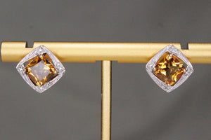 MODERN CITRINE & DIAMOND STUD EARRINGS ON 9ct YELLOW & WHITE GOLD