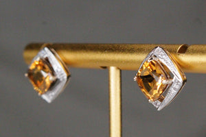 MODERN CITRINE & DIAMOND STUD EARRINGS ON 9ct YELLOW & WHITE GOLD